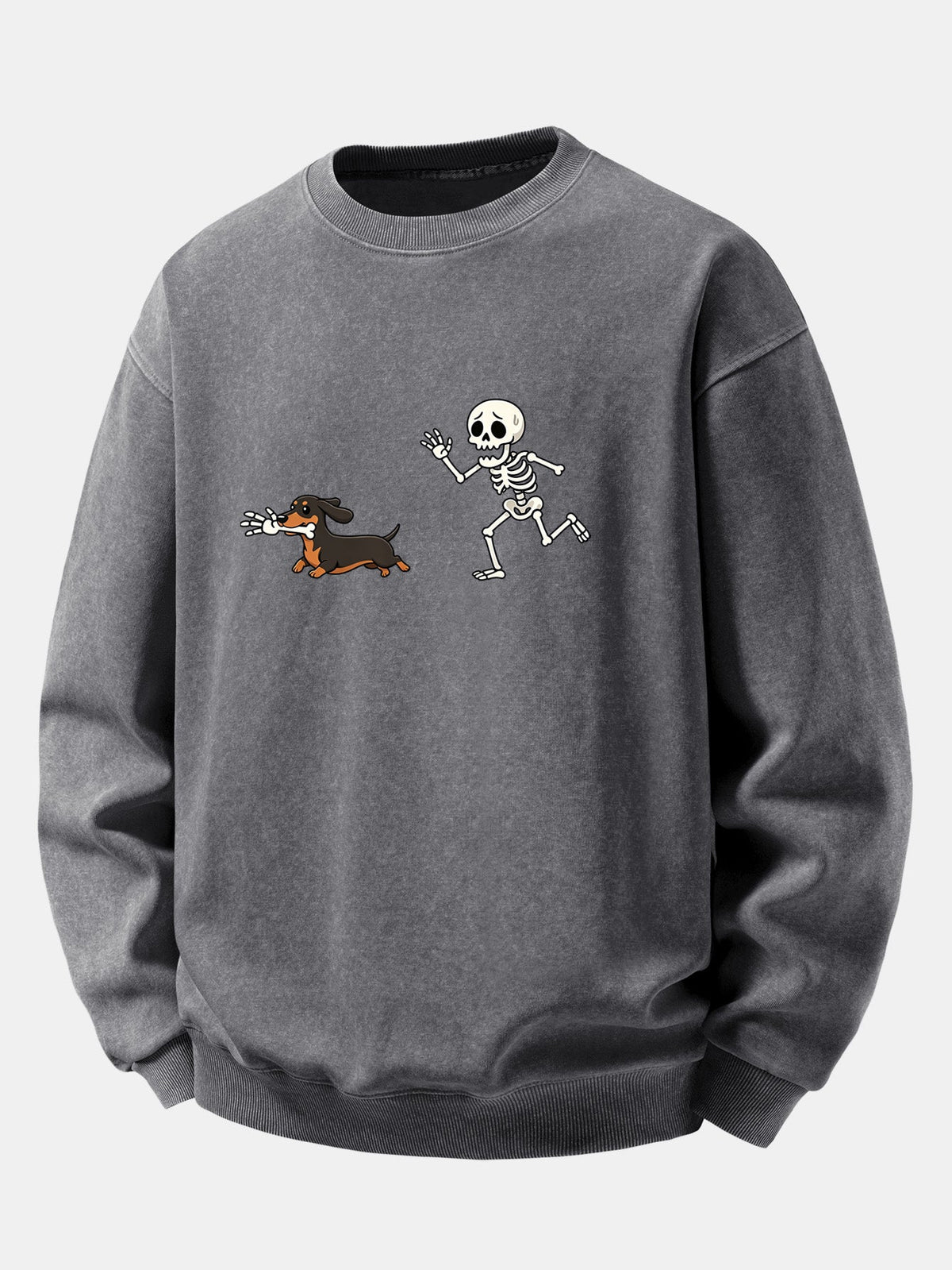 Relaxed Fit Skeleton Chasing Dachshund Print Washed Distressed Sweatshirt
