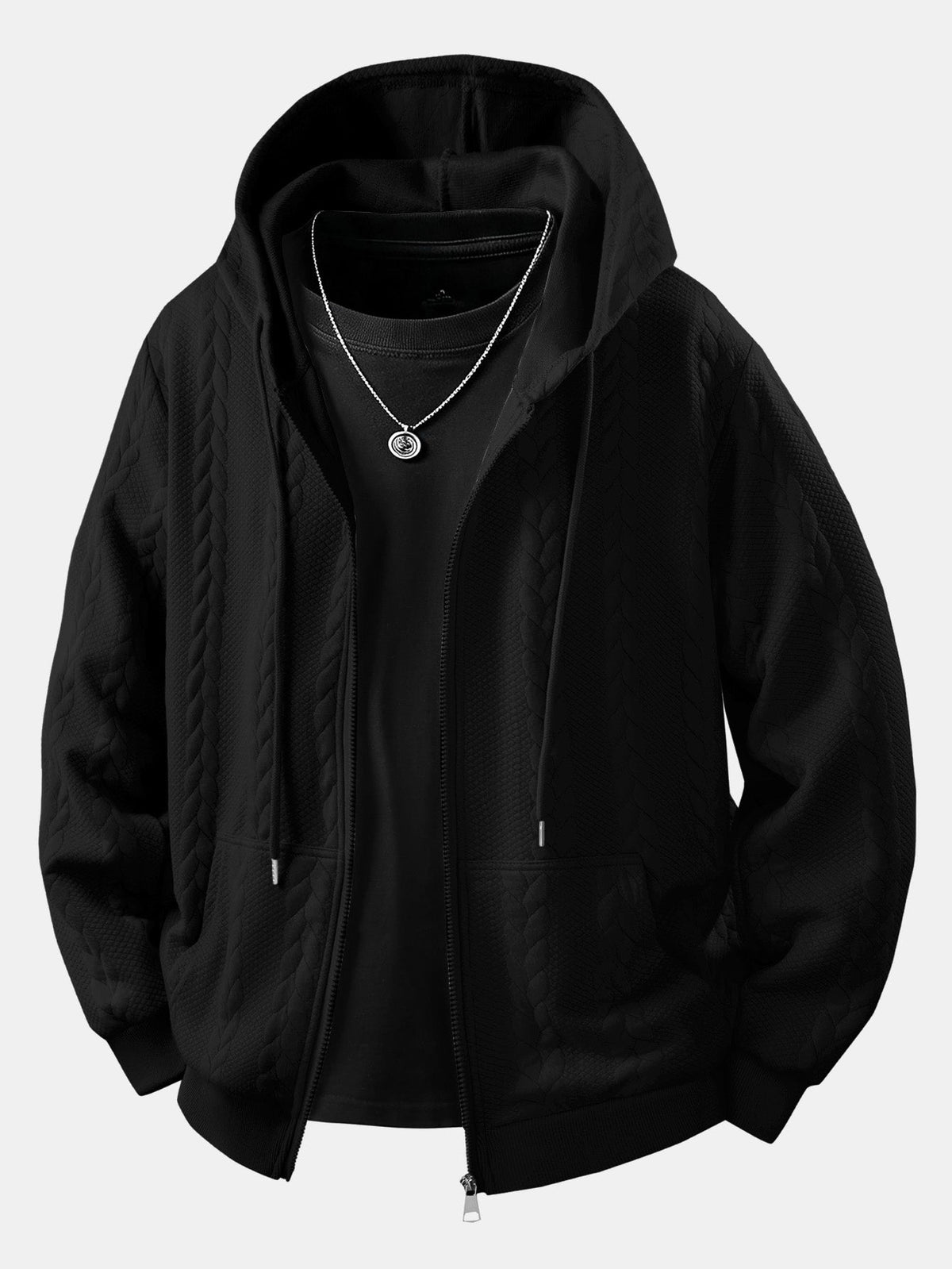 Cable Jacquard Zip-Up Hooded Jacket