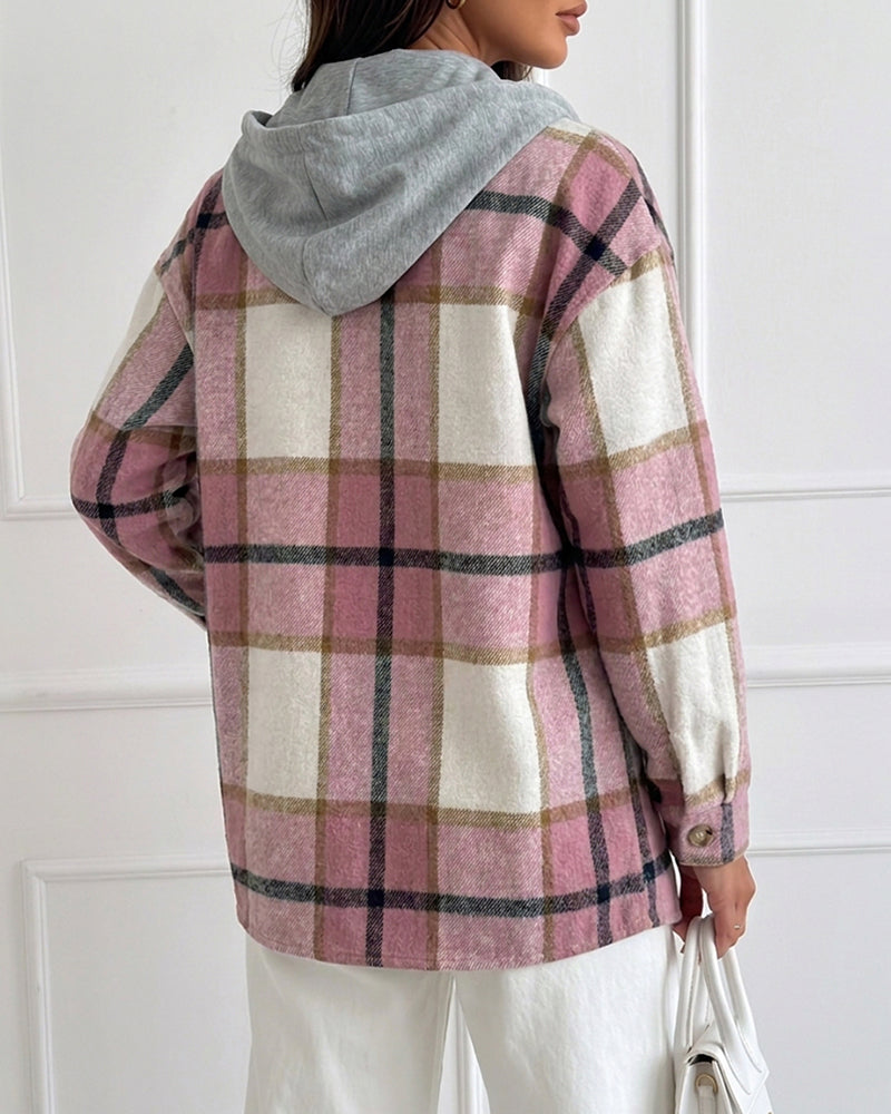 Plaid Print Long Sleeve Button Front Drawstring Hoodie Coat Casual Pocket Design Thermal Lined Shirt Coat