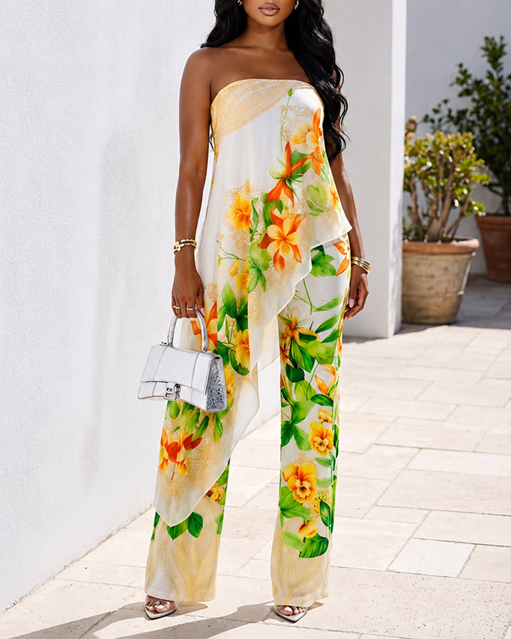 Tropischer Damen-Jumpsuit mit Blumenmuster, sexy trägerloser Schlauch-Overall, hochtaillierter Fake-Zweiteiler mit abnehmbaren transparenten Trägern