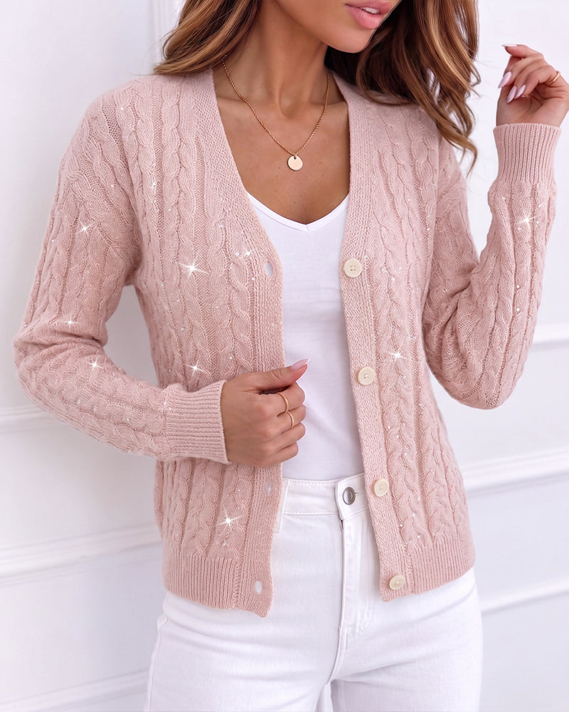 Women's Sequin Cable Knit Cardigan V Neck Button Down Slim Fit Long Sleeve Sweater