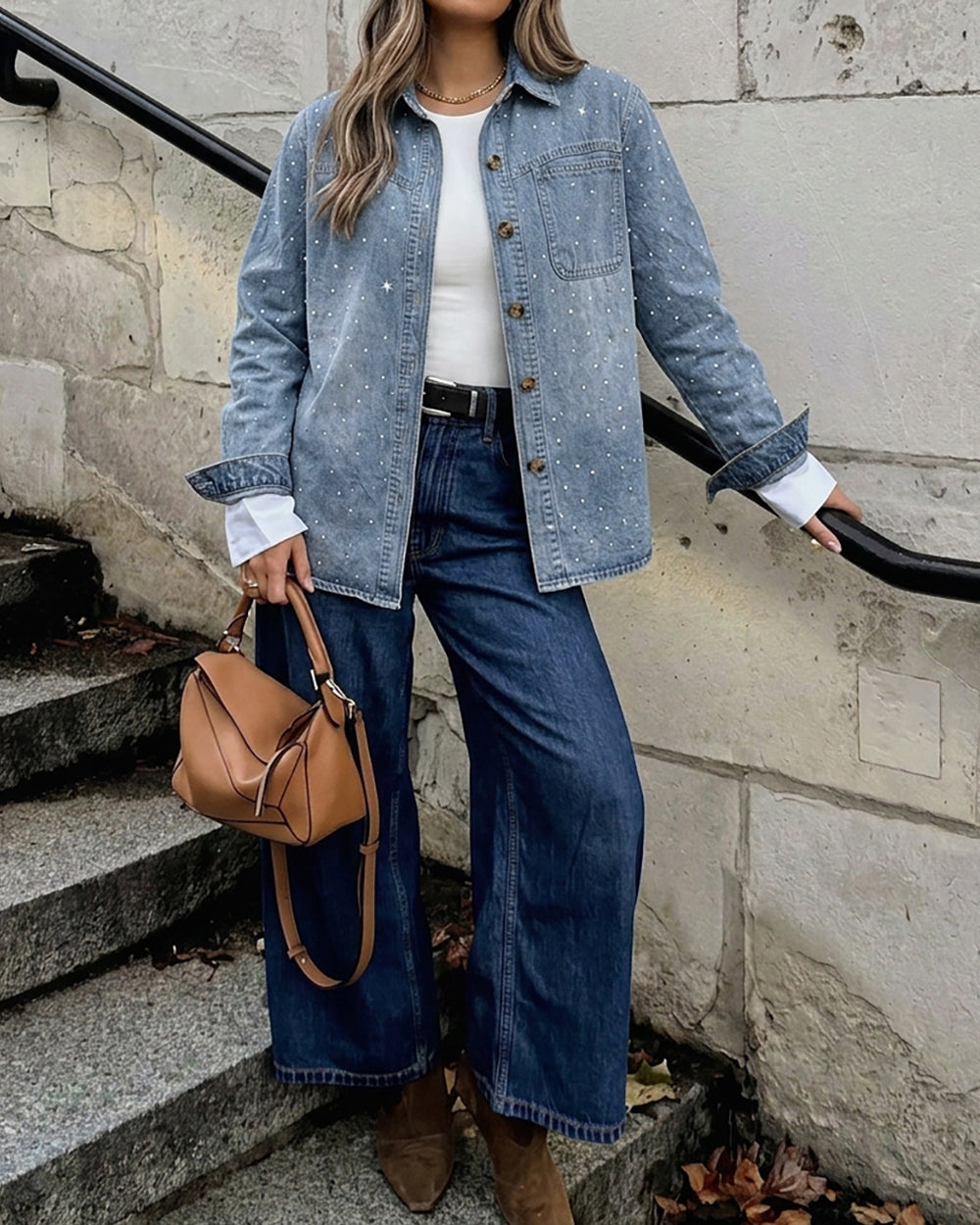 Damen-Jeansjacke mit Strasssteinen, verwaschene Oversized-Hemdjacke mit Knopfleiste, glitzernde, locker geschnittene Freizeitjacke mit langen Ärmeln