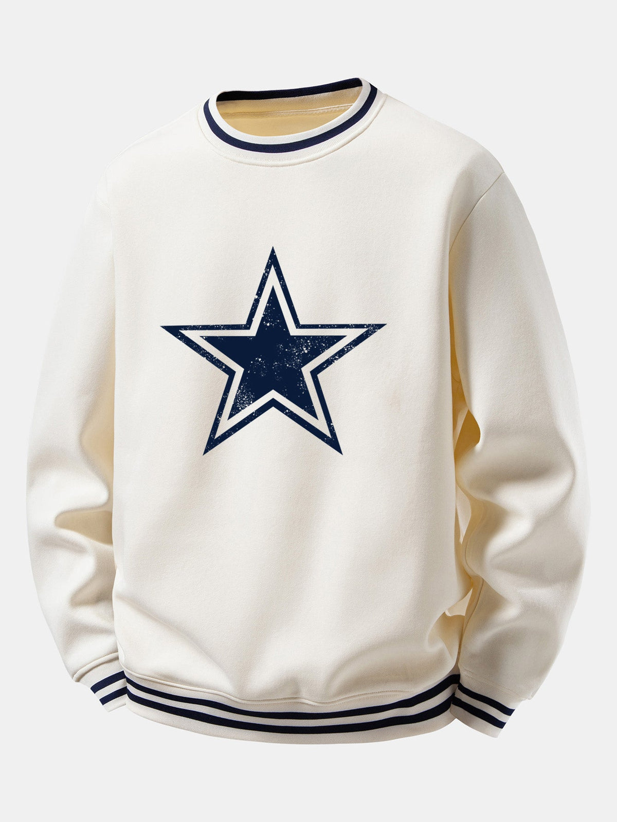Star Print Striped Ribbed Trim Crew Neck Sweatshirt