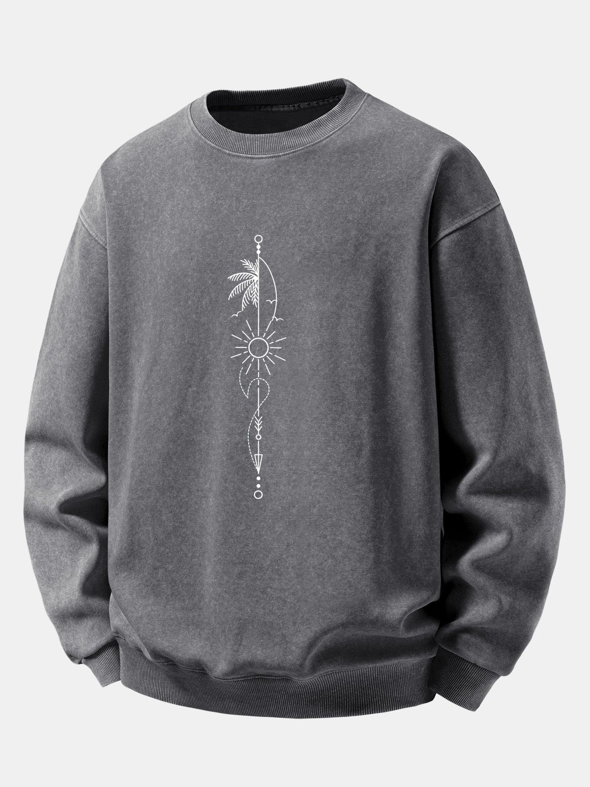Relaxed Fit Sun Palm Tree Arrow Print Washed Distressed Sweatshirt