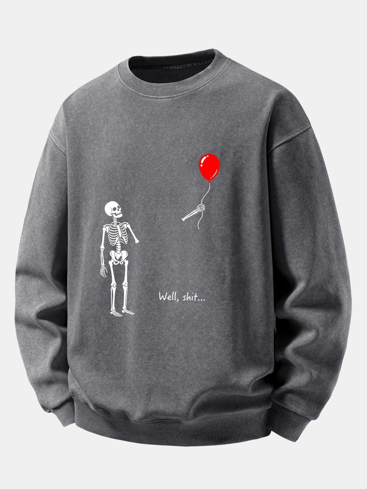 Relaxed Fit Funny Skeleton Balloon Print Washed Distressed Sweatshirt