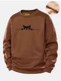 Black Cat Print Teddy Fleece Lined Sweatshirt