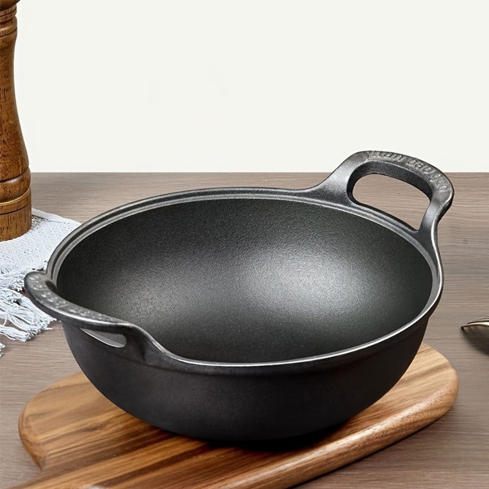 Cast Iron Wok Skillet Non-Stick Deep Stir Fry Pan with Dual Handles - Uncoated Traditional for Home Cooking, Dining and Outdoor Meals