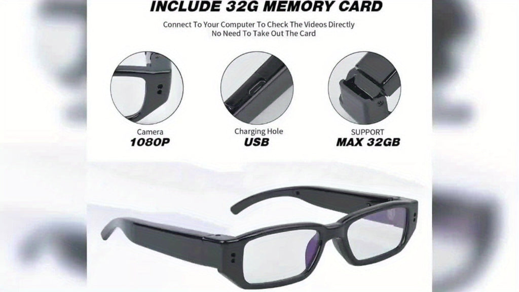 13B Clear-Lens Camera Glasses in Black with Thick Temples and 32GB or 64GB TF Card Bundles