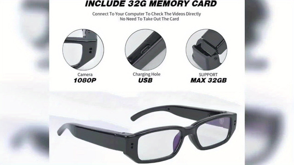 13B Clear-Lens Camera Glasses in Black with Thick Temples and 32GB or 64GB TF Card Bundles