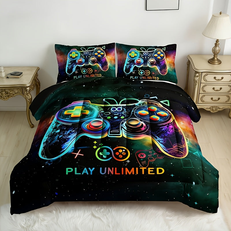 Gaming Controller Print Comforter Set with Two Pillowcases, 180 GSM Fill and Twin, Full, Queen or King Sizes