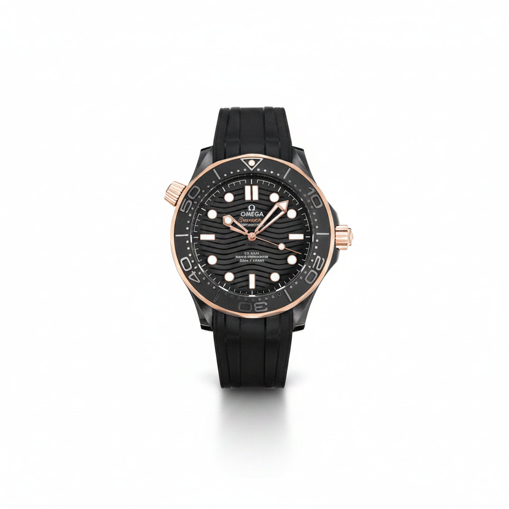 Omega Seamaster Diver 300M – Black Ceramic Everose Gold Crown Black Wave Dial Rose Gold Hands Rubber Strap