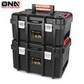 Tool Box Set 2-Piece Lockable - Large Capacity Portable Toolbox Organizer with Removable Tray, Double Lock Buckle, Hard Plastic, 17" x 13" x 18.5" - For Workshop, Garage, Car Trunk & Household Storage