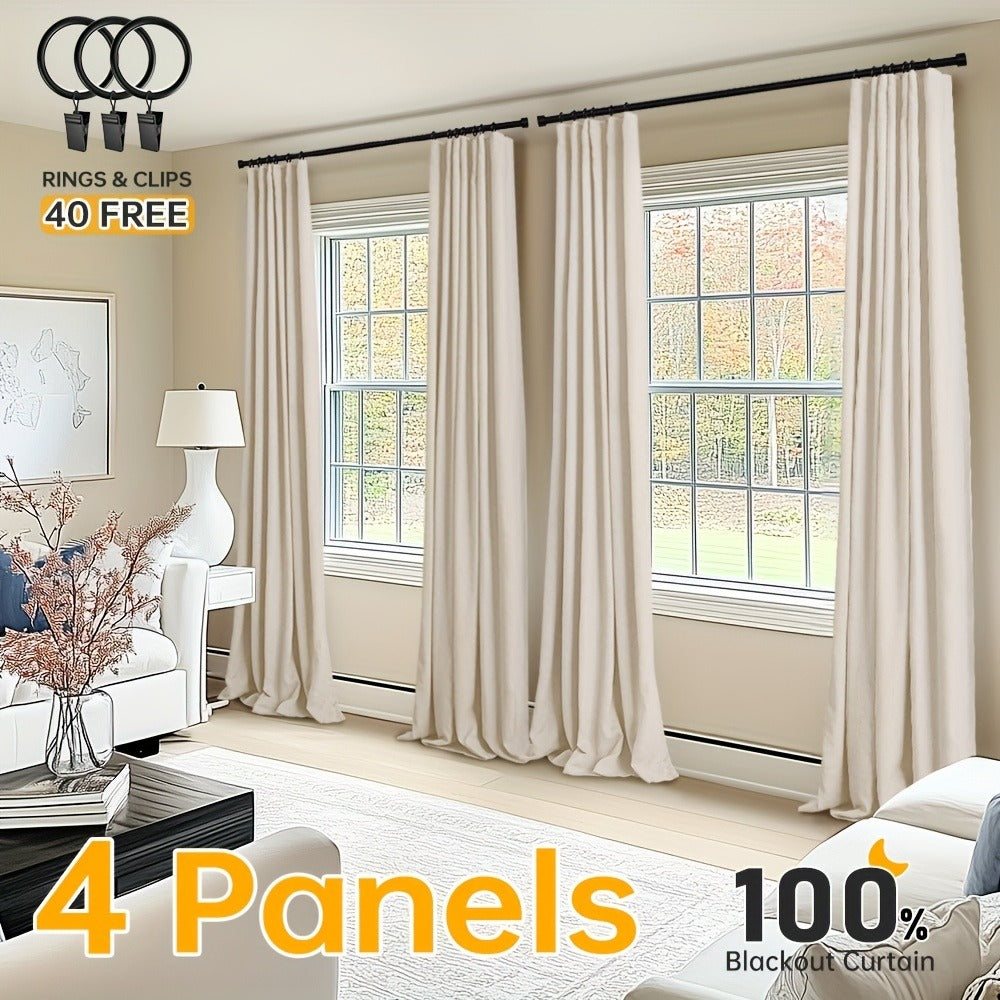 Four Faux Linen Textured Panels with Thermal Insulation and Rod Pockets for Living Room and Bedroom, 100% Blackout Curtains