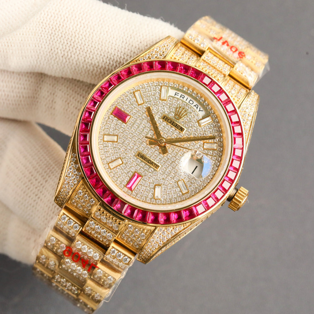 Rolex Day-Date Iced Out – Yellow Gold Diamond Pavé Dial Ruby Baguette Bezel President Bracelet