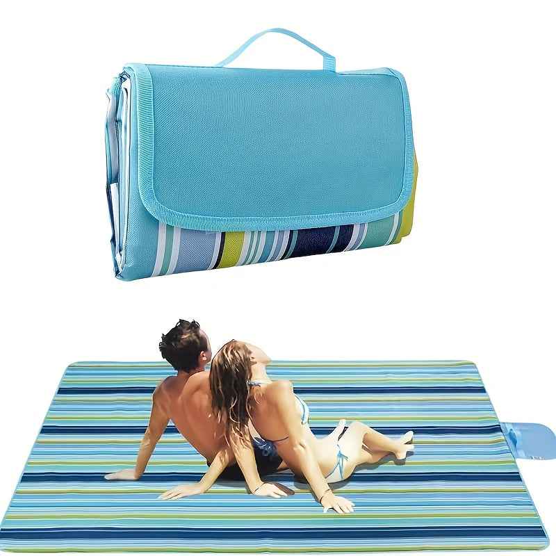 80 x 60-Inch Picnic Blanket in Blue and Green Striped 600D Oxford Fabric with Folding Carry Handle