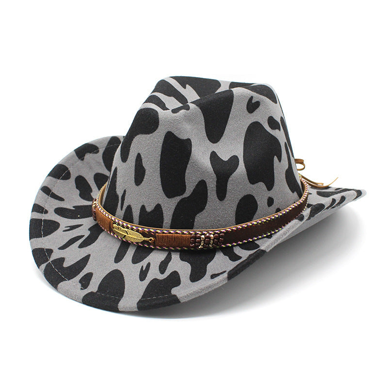 Tate Cowboyhut aus Wollfilz mit Kuhfellmuster, mittlere flache Krempe