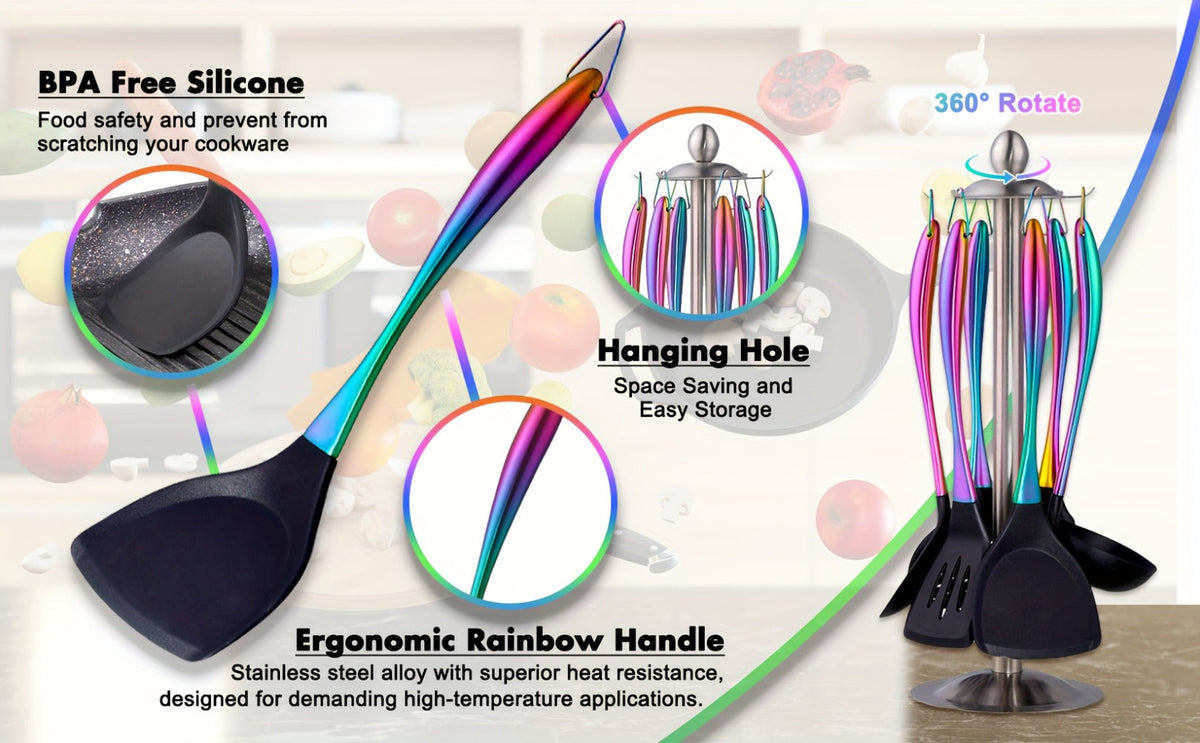 Silicone Cooking Utensils Set 17 Piece Rainbow Titanium with Rotating Holder - Heat Resistant Non-Stick Spatulas