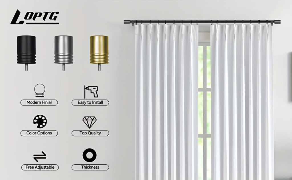 Curtain Rod, One-Inch Adjustable Rounded Cup Finials in Black, Brushed Nickel or Gold Finish, One-Inch Adjustable