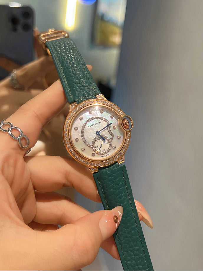 Cartier Ballon Bleu Watch — Diamond Bezel, Mother-of-Pearl & Green Strap