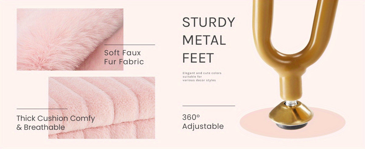 Faux Fur Storage Ottoman Stool, Furry Vanity Seat with Storage, 4 Metal Legs & Feet, Cute Modern Multi-Function Chair for Bedroom