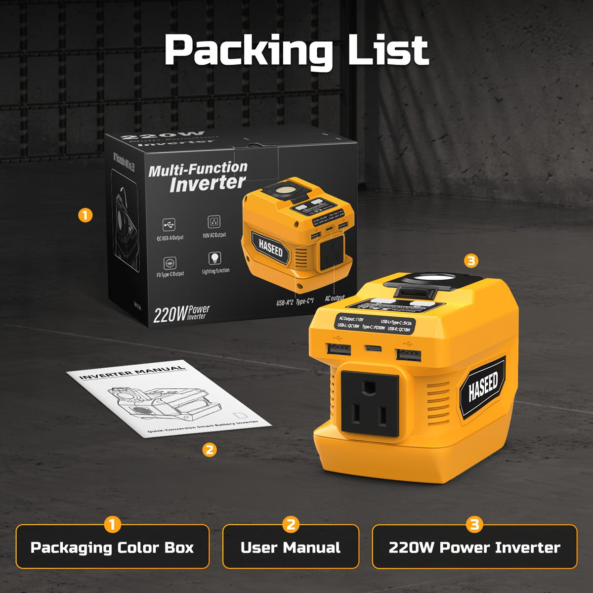 Portable Power Inverter 200W - DeWalt 20V Battery Compatible, DC to AC 110V, 2 USB + Type-C Fast Charging, 400LM Work Light, for Car, Camping & Outdoor Use