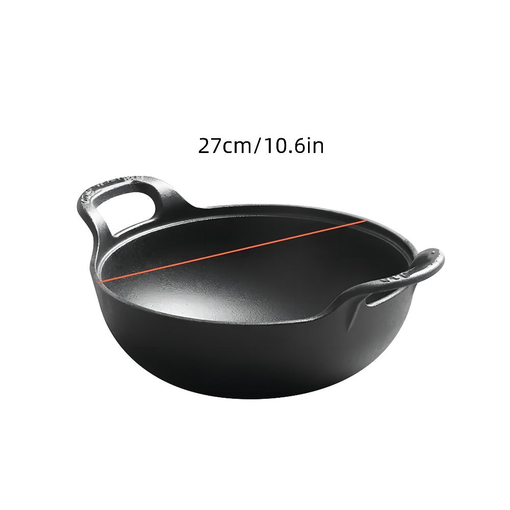 Cast Iron Wok Skillet Non-Stick Deep Stir Fry Pan with Dual Handles - Uncoated Traditional for Home Cooking, Dining and Outdoor Meals