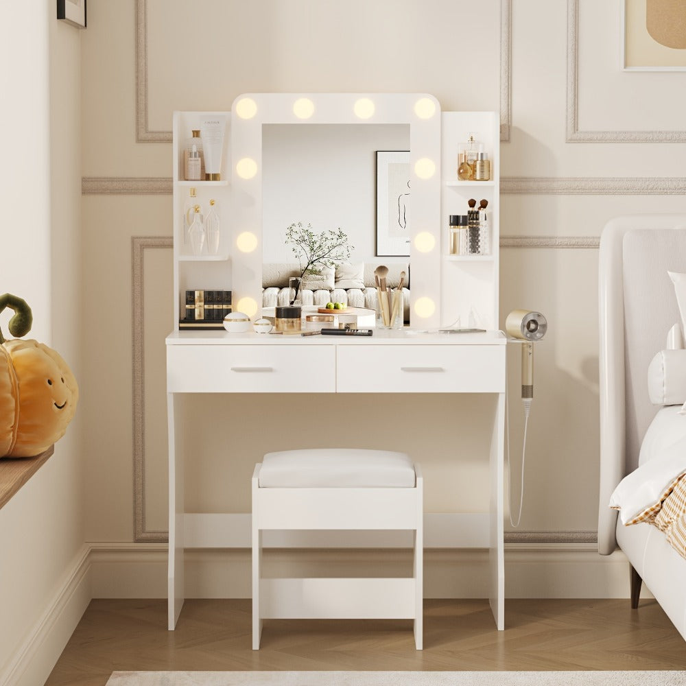 Six-Drawer Vanity Desk with Bulb-Framed Mirror, Side Shelving, Matching Stool and Five Finish Options
