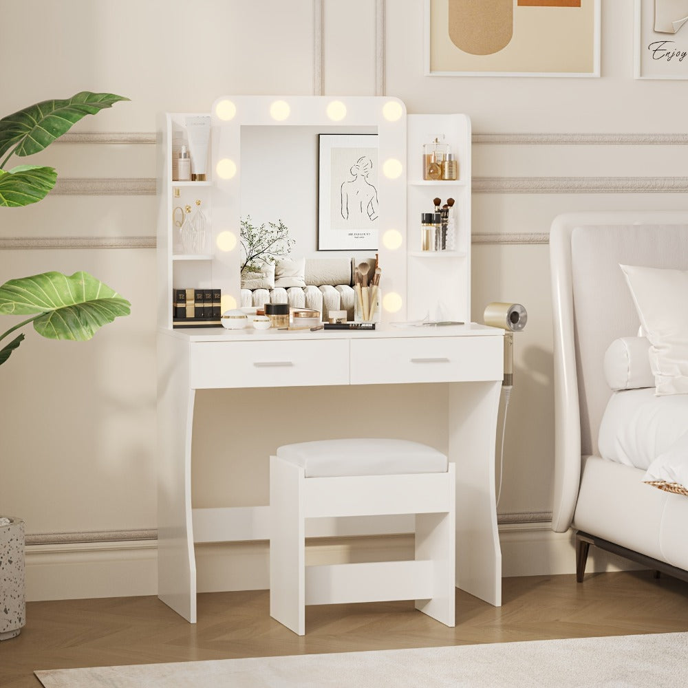 Six-Drawer Vanity Desk with Bulb-Framed Mirror, Side Shelving, Matching Stool and Five Finish Options