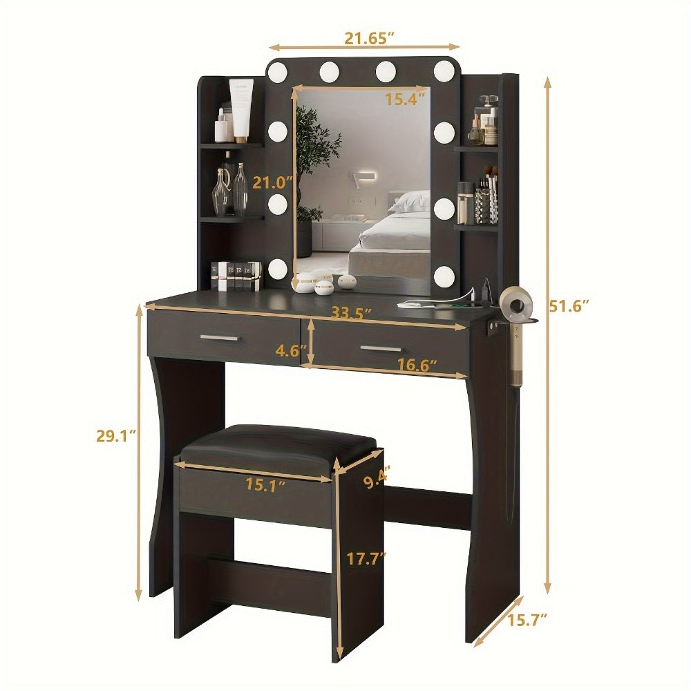 Six-Drawer Vanity Desk with Bulb-Framed Mirror, Side Shelving, Matching Stool and Five Finish Options