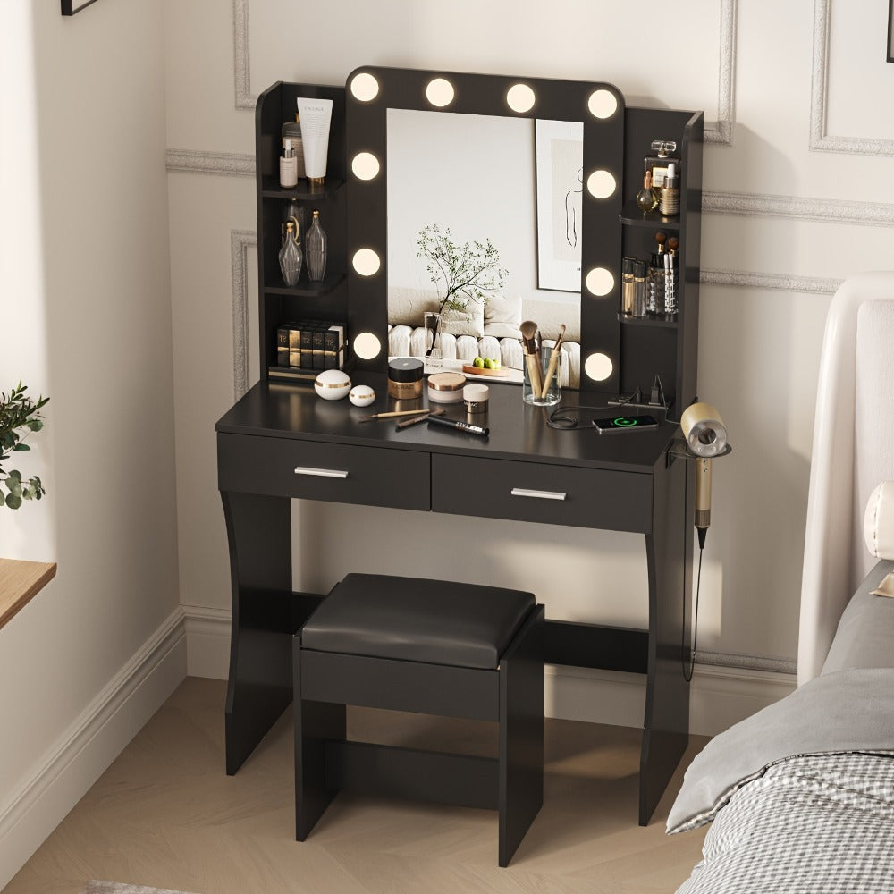 Six-Drawer Vanity Desk with Bulb-Framed Mirror, Side Shelving, Matching Stool and Five Finish Options