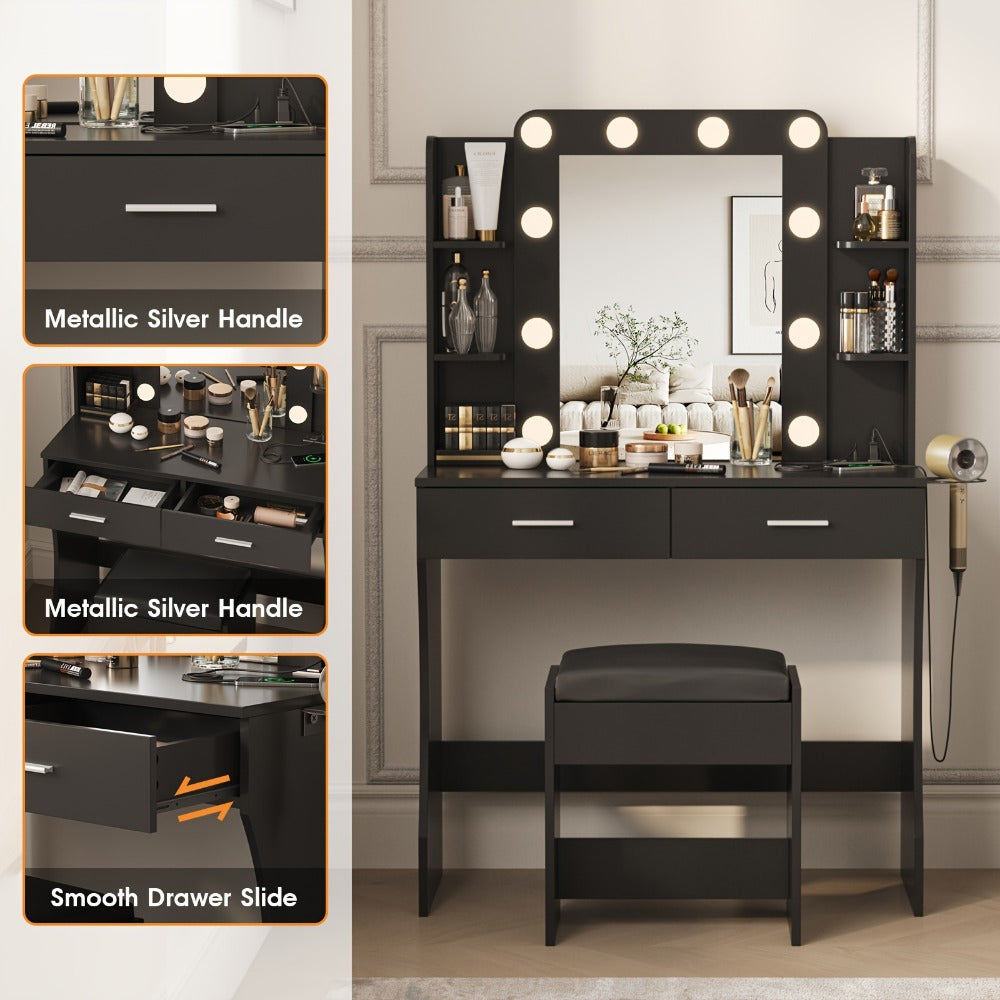 Six-Drawer Vanity Desk with Bulb-Framed Mirror, Side Shelving, Matching Stool and Five Finish Options