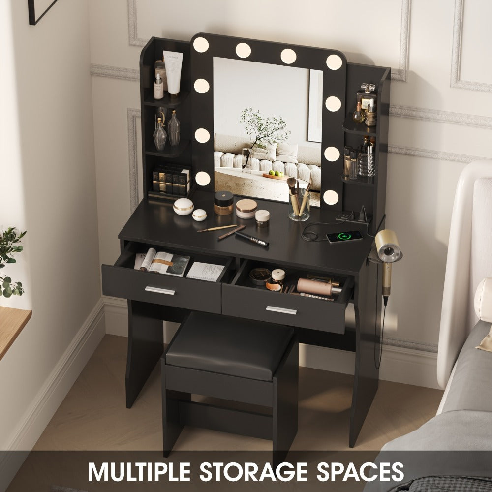 Six-Drawer Vanity Desk with Bulb-Framed Mirror, Side Shelving, Matching Stool and Five Finish Options