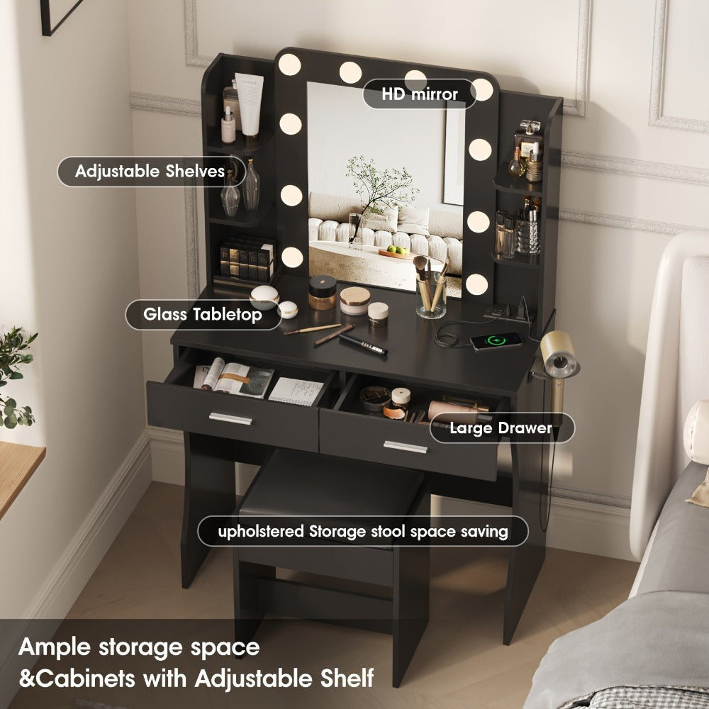 Six-Drawer Vanity Desk with Bulb-Framed Mirror, Side Shelving, Matching Stool and Five Finish Options