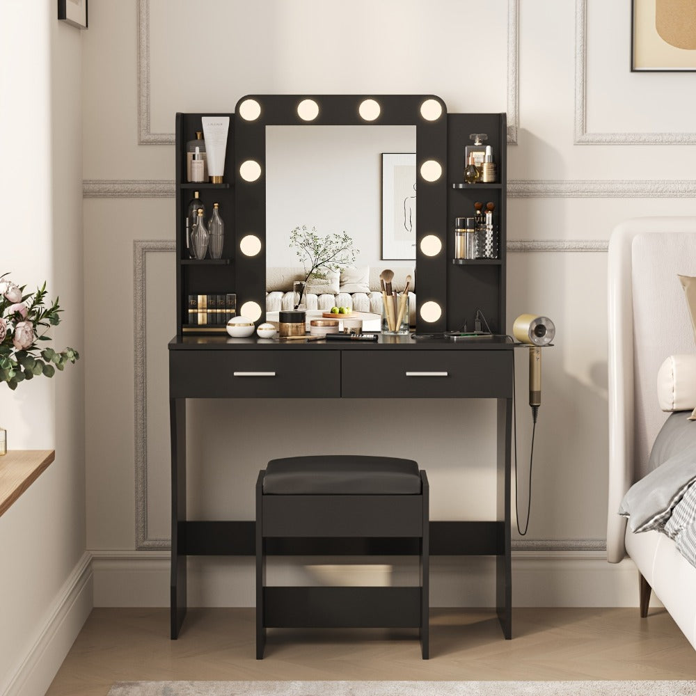 Six-Drawer Vanity Desk with Bulb-Framed Mirror, Side Shelving, Matching Stool and Five Finish Options