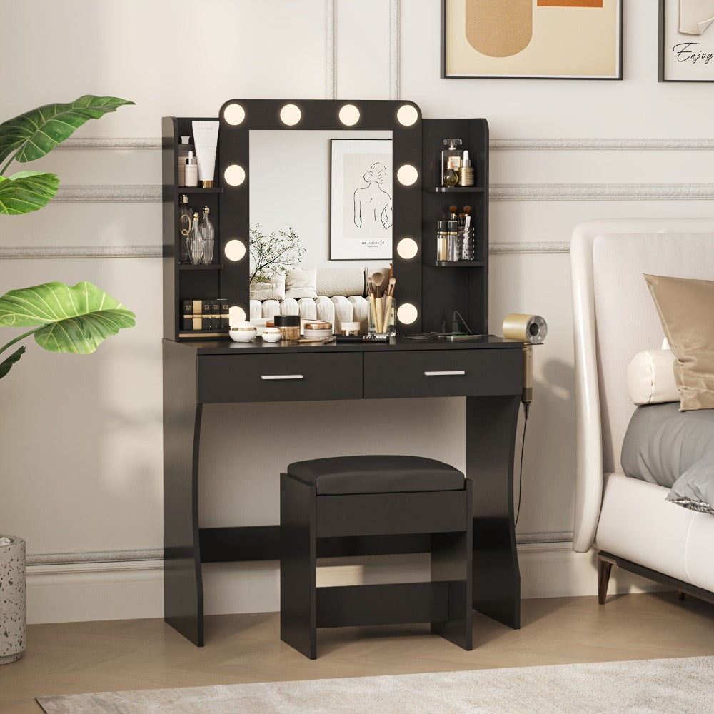 Six-Drawer Vanity Desk with Bulb-Framed Mirror, Side Shelving, Matching Stool and Five Finish Options