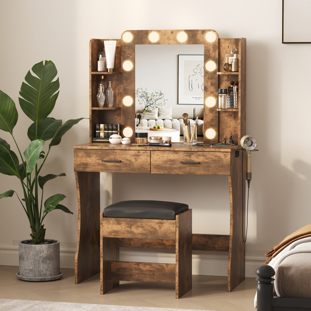 Six-Drawer Vanity Desk with Bulb-Framed Mirror, Side Shelving, Matching Stool and Five Finish Options