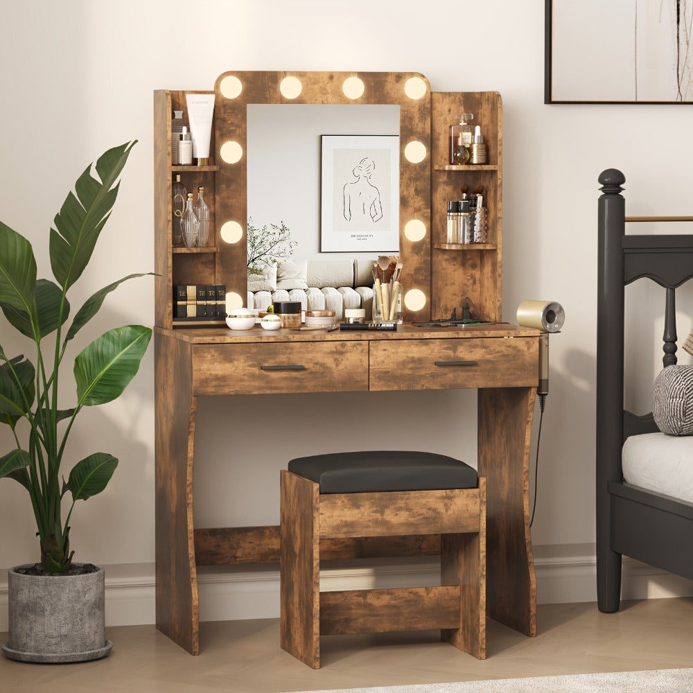 Six-Drawer Vanity Desk with Bulb-Framed Mirror, Side Shelving, Matching Stool and Five Finish Options