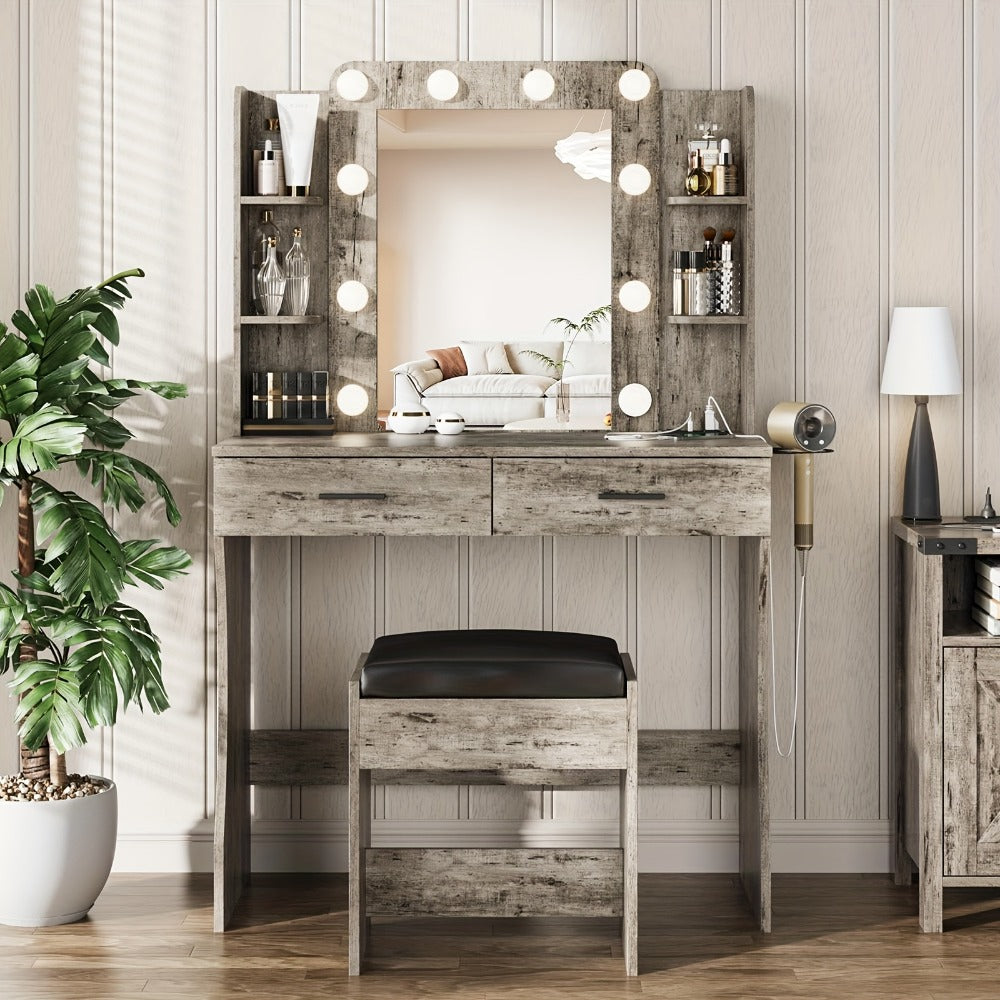 Six-Drawer Vanity Desk with Bulb-Framed Mirror, Side Shelving, Matching Stool and Five Finish Options