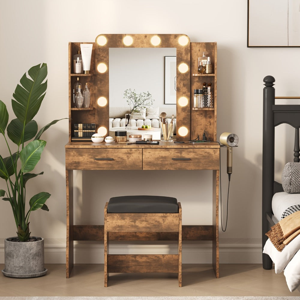 Six-Drawer Vanity Desk with Bulb-Framed Mirror, Side Shelving, Matching Stool and Five Finish Options