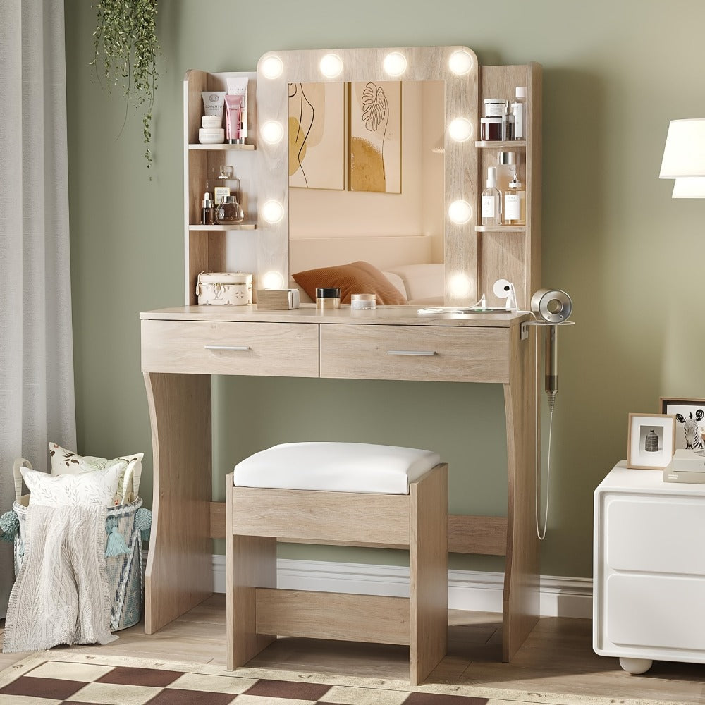 Six-Drawer Vanity Desk with Bulb-Framed Mirror, Side Shelving, Matching Stool and Five Finish Options