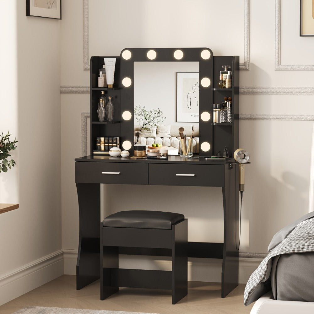 Six-Drawer Vanity Desk with Bulb-Framed Mirror, Side Shelving, Matching Stool and Five Finish Options