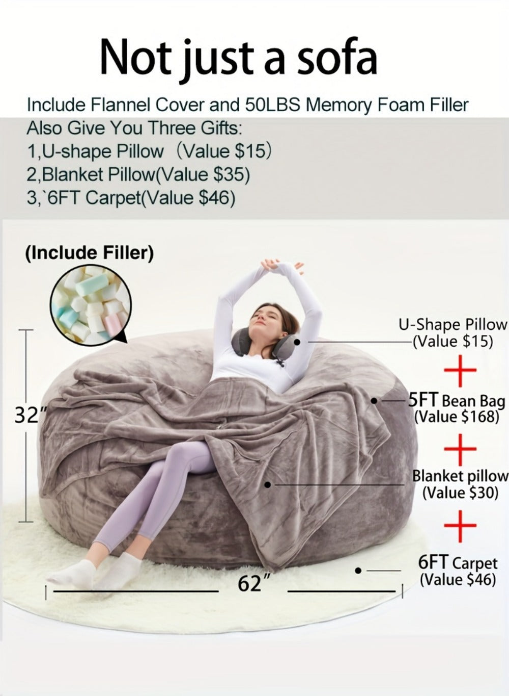 Round Bean Bag Chair Lounger in 5 or 6-Foot Sizes with Grey, Black, Brown, White, Red or Dark Blue Covers