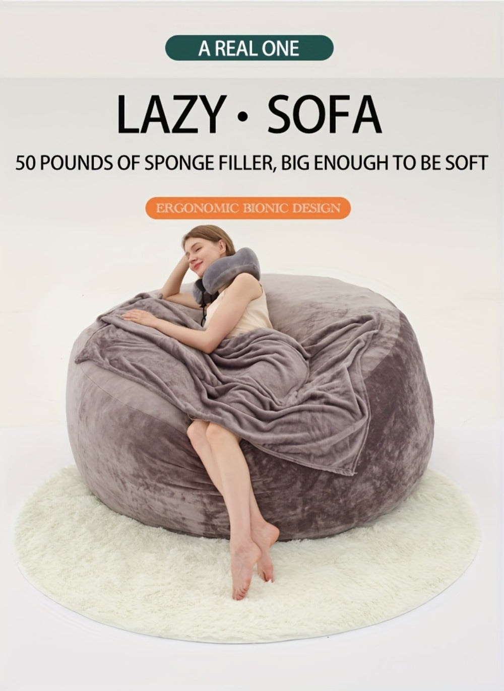 Round Bean Bag Chair Lounger in 5 or 6-Foot Sizes with Grey, Black, Brown, White, Red or Dark Blue Covers