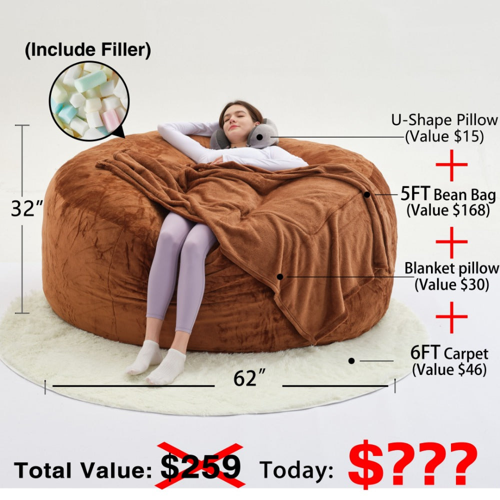 Round Bean Bag Chair Lounger in 5 or 6-Foot Sizes with Grey, Black, Brown, White, Red or Dark Blue Covers