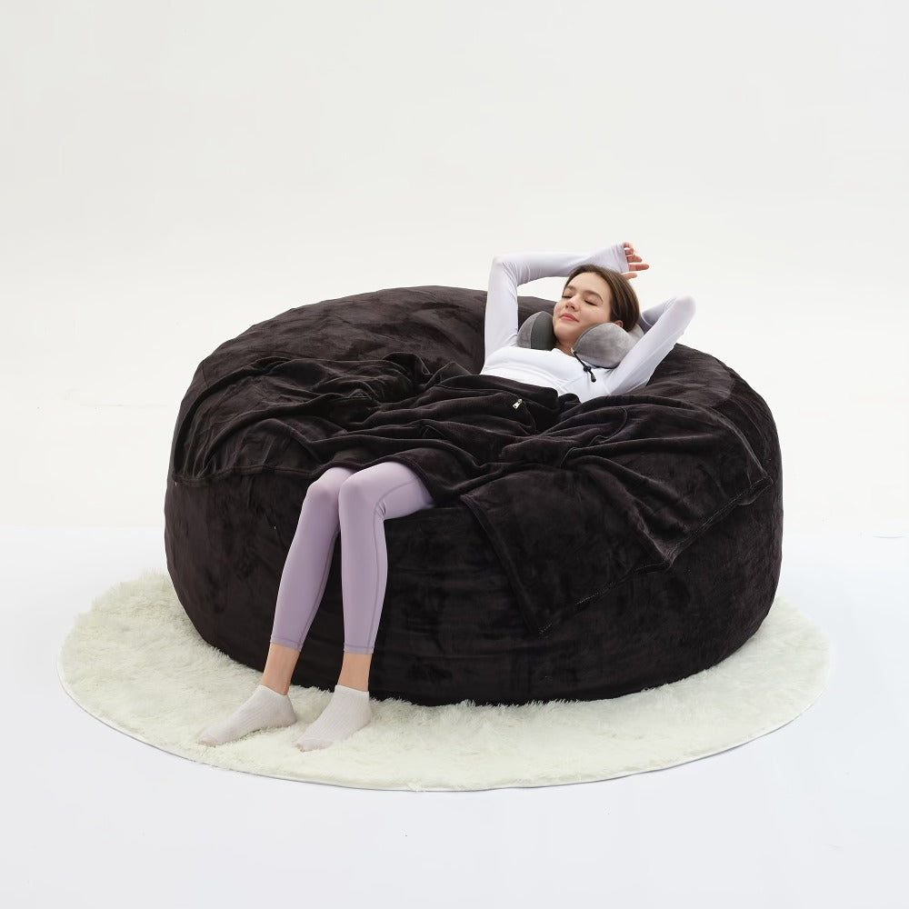 Round Bean Bag Chair Lounger in 5 or 6-Foot Sizes with Grey, Black, Brown, White, Red or Dark Blue Covers