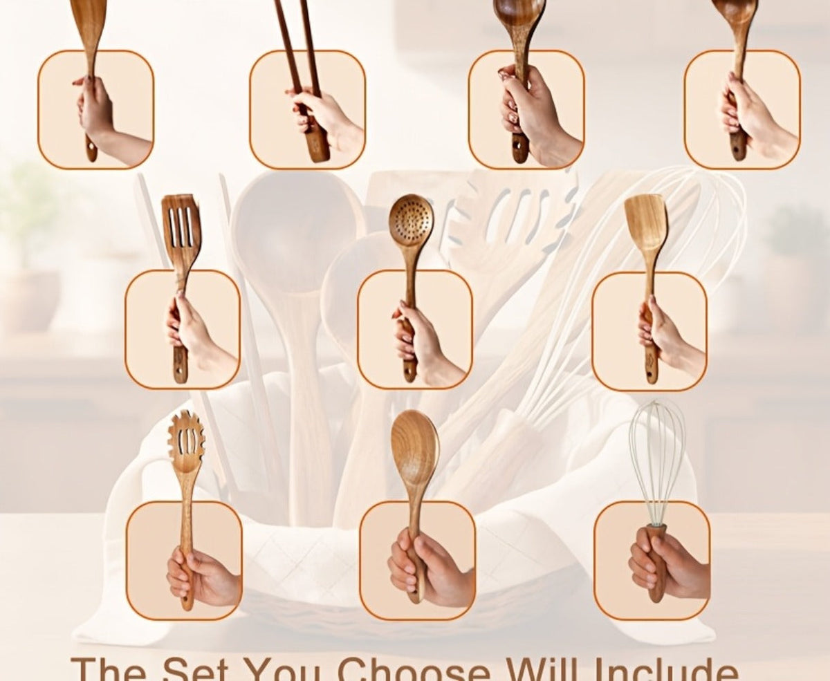 Kitchen Utensils by JIASING, 3-, 5- or 7-Piece Wood Spoon, Spatula, Ladle and Egg-Beater Set Options