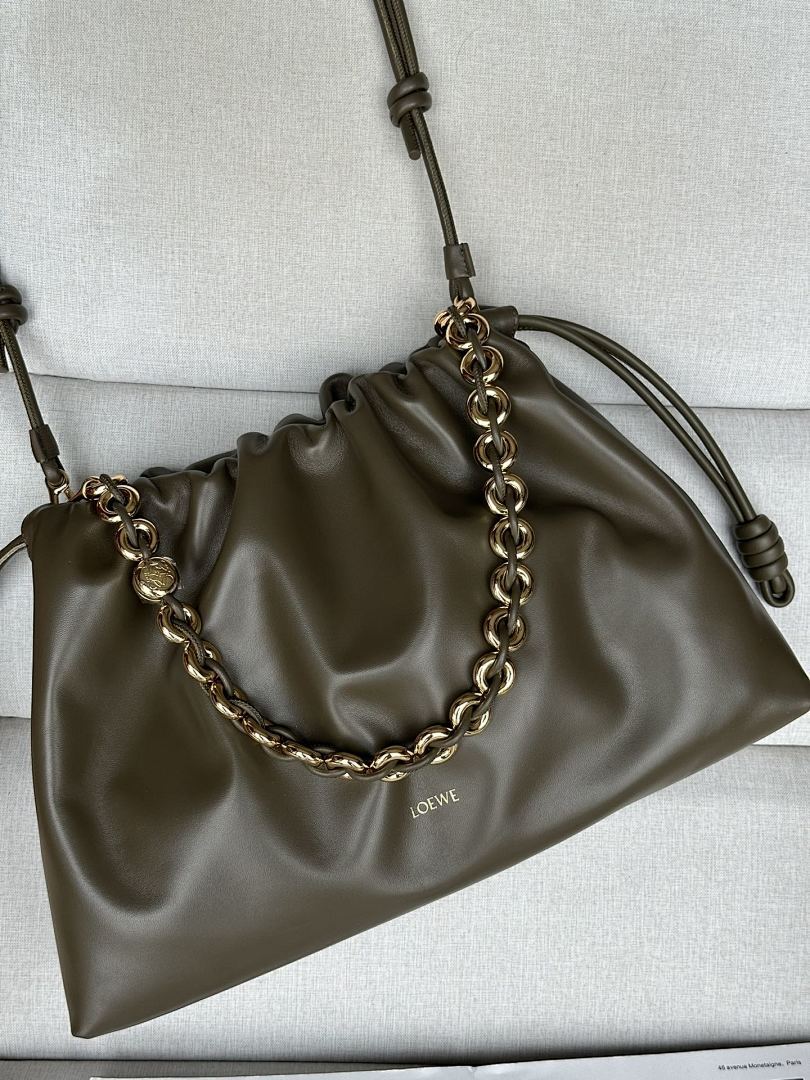 Loewe Flamenco Clutch Large – Khaki Olive Nappa Leather Gold Chain Strap