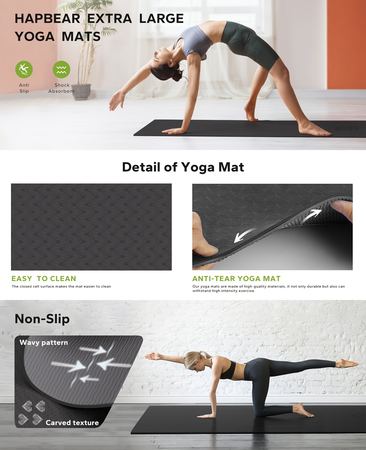Yoga Mat, Extra Large 6mm TPE Double-Sided Non-Slip Exercise Mat with Carry Bag for Yoga and Pilates