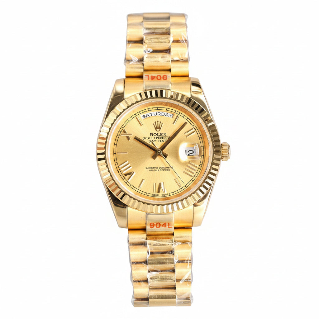 Rolex Day-Date – Full Yellow Gold Champagne Roman Numeral Dial Fluted Bezel President Bracelet