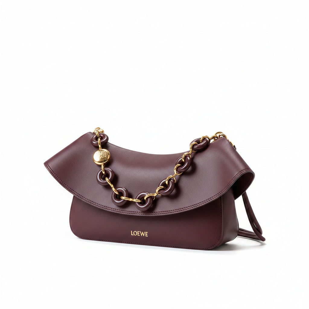 Loewe Cubi Shoulder Bag – Burgundy Deep Wine Smooth Calfskin Gold Resin Chain